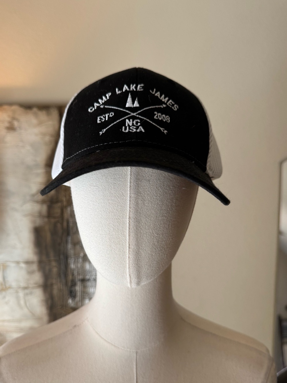 Camp Lake James, NC Black & White Trucker Hat